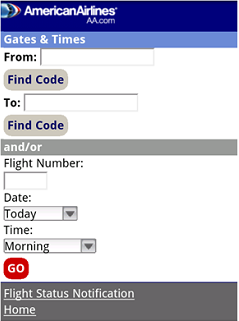 Checking flight status on American Airline’s mobile site
